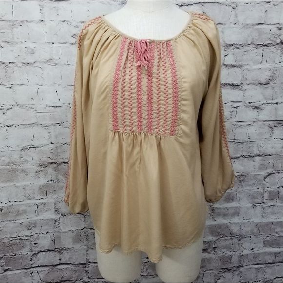 Angie L Embroidered Peasant‎ Blouse Pink Detail 3/4 Sleeve Boho Top - Picture 1 of 7